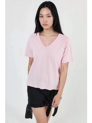 Hiccup Kadınlar Busem V-Yaka Düz Örme Tişört Toz Pembe