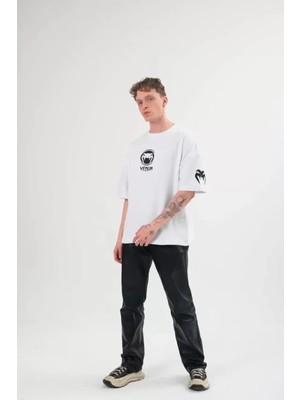 Hiccup Erkekler Janes Oversize Yuvarlak Yaka Logolu Tişört, Arka Baskılı Beyaz