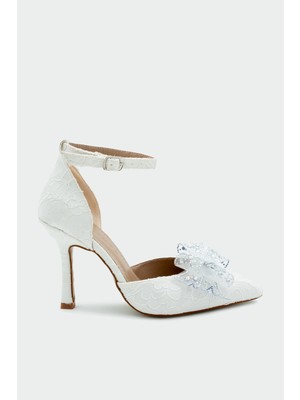 Laminta Rodop Taşlı Fiyonk Detaylı Beyaz Kadın Topuklu Ayakkabı