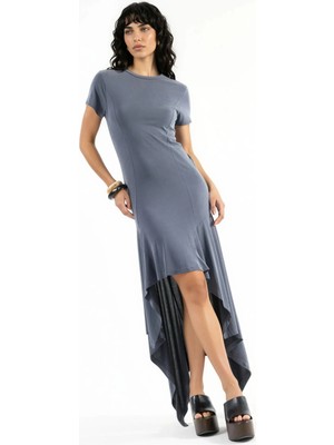 Hiccup Kadınlar Busem Bisiklet Yaka Asimetrik Midi Elbise Koyu Gri