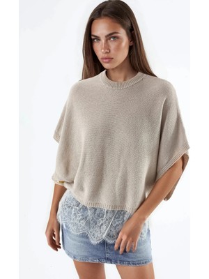 Hiccup Kadınlar Qu Style Rahat Kesim Dantel Detaylı Örme Kazak Taş Doğal