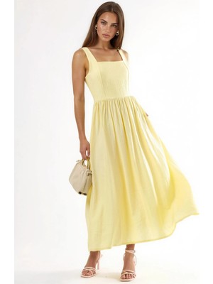 Hiccup Kadınlar Busem Kare Yaka Dokulu Midi Elbise Limon Sarısı