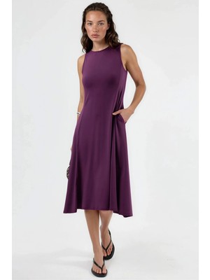 Hiccup Kadınlar Busem Cepli Kolsuz Midi Elbise Leylak Moru
