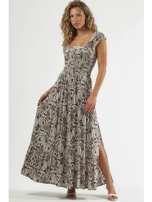 Hiccup Kadınlar Busem Kare Yaka Desenli Maxi Elbise Mocha Kahvesi