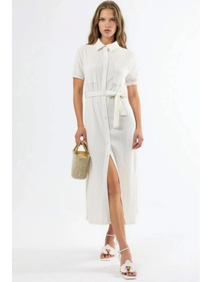 Hiccup Kadınlar Busem Kemerli Midi Gömlek Elbise Beyaz