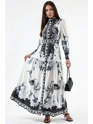 Hiccup Kadınlar Msn Gömlek Yaka ve Kemerli Çiçekli Maxi Elbise Beyaz