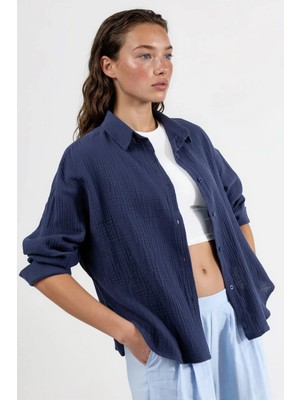 Hiccup Kadınlar Busem Düğmeli Dokuma Pamuklu Gömlek Lacivert