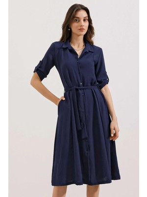 Hiccup Kadınlar Bdart Kemerli Midi Elbise Lacivert