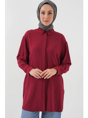Hiccup Kadınlar Bdart Oversize Uzun Kollu Düğmeli Gömlek Bluz Bordo Kırmızı