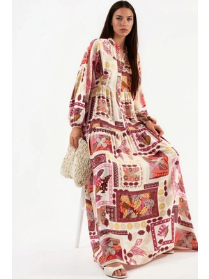 Hiccup Kadınlar V Yaka Desenli Maksi Elbise Kırmızı