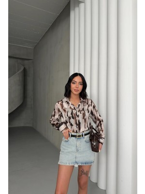 Hiccup Kadınlar My Fashıon Soyut Desenli Uzun Kollu Düğmeli Gömlek Ceviz Kahve