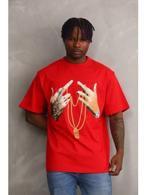 Hiccup Erkekler Janes Oversize Yuvarlak Yaka Baskılı Tişört Kırmızı