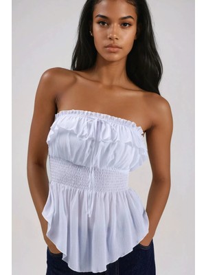 Hiccup Kadınlar Fırfırlı ve Dokulu Bandeau Top Beyaz