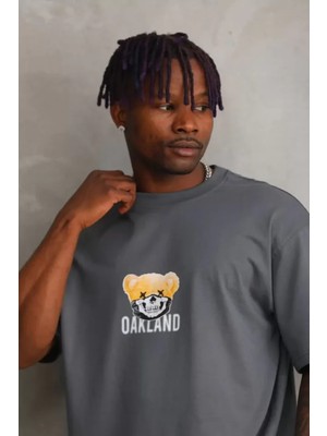 Hiccup Erkekler Janes Oversize Arka Baskılı Yuvarlak Yaka Tişört Koyu Gri