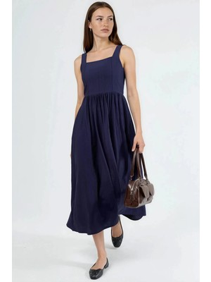 Hiccup Kadınlar Busem Kare Yaka Dokulu Midi Elbise Lacivert