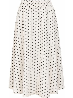 Mixray 4891 Kadın Puantiyeli Lastikli Dökümlü Midi Etek Ekru