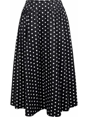 Mixray 4891 Kadın Puantiyeli Lastikli Dökümlü Midi Etek Siyah