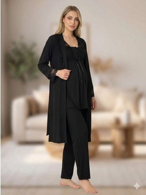 Ang Butik Bone 6205 Kadın 3'lü Jakarlı Sabahlıklı Lohusa Pijama Takımı