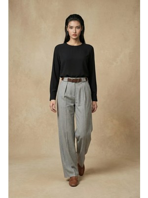 Hiccup Kadınlar MY FASHION Yüksek Bel Pileli Geniş Paçalı Pantolon Gri