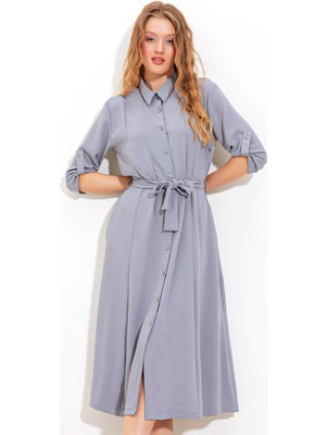 Hiccup Kadınlar Bdart Kemerli Midi Elbise Gri