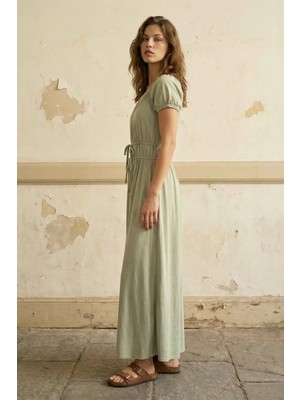 Hiccup Kadınlar MY FASHION Kare Yakalı Bağlama Detaylı Maksi Elbise Nane Yeşili