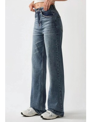 Hiccup Kadınlar Yüksek Bel Straight Leg Denim Pantolon Orta Mavi Denim
