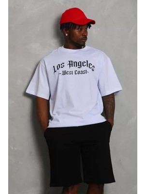 Hiccup Erkekler Janes Oversize Yuvarlak Yaka Baskılı Tişört, Arka Baskılı Beyaz