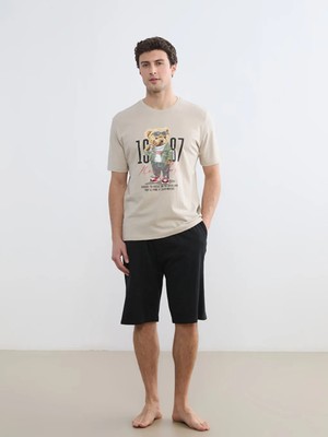 LC Waikiki Lc Waıkıkı Gri Bisiklet Yaka Teddy Baskılı Erkek Şortlu Pijama Takımı