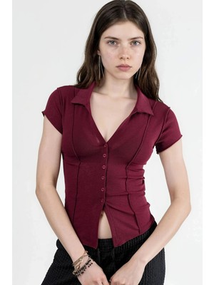Hiccup Kadınlar Busem Düğmeli Kısa Kollu Dokulu Örme Gömlek Bordo Kırmızı