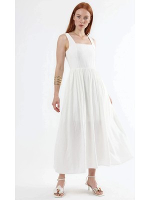 Hiccup Kadınlar Busem Kare Yaka Dokulu Midi Elbise Beyaz