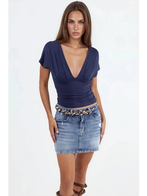 Hiccup Kadınlar Busem V Yaka Bağlama Detaylı Bluz Lacivert