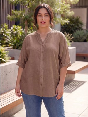 Rmg Kol Düğme Detaylı Keten Karışımlı Kadın Büyük Beden Gömlek Vizon