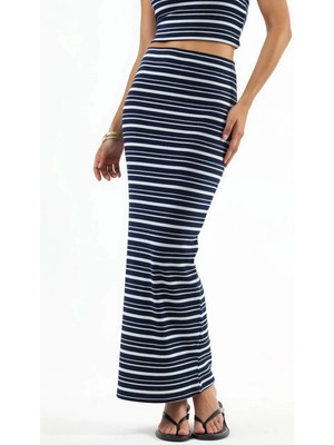 Hiccup Kadınlar Busem Yüksek Bel Şeritli Ribana Maxi Etek Lacivert