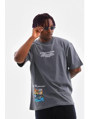 Hiccup Erkekler Janes Oversize Yuvarlak Yaka Tişört, Arka Baskılı Gri