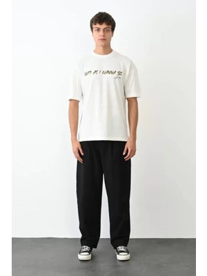 Hiccup Erkekler Janes Oversize Yuvarlak Yaka Tişört, Yazı Baskılı Beyaz