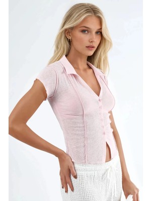 Hiccup Kadınlar Busem Düğmeli Kısa Kollu Dokulu Örme Gömlek Toz Pembe