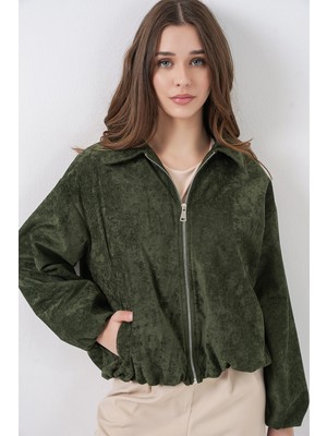 Bigdart Kadın Büzgülü Oversize Kadife Ceket 0733 - Haki