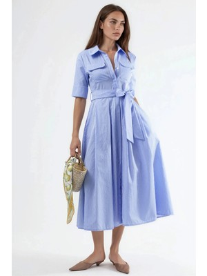 Hiccup Kadınlar Busem Kemerli Çizgili Midi Gömlek Elbise Gece Mavisi