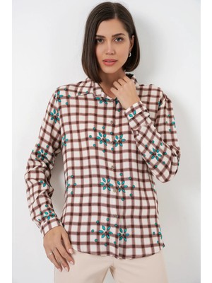 Hiccup Kadınlar Bdart Gömlek Yaka ve Düğmeli Kareli Gömlek Mocha Kahvesi