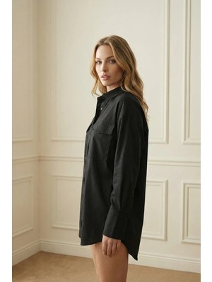 Hiccup Kadınlar My Fashıon Cep Detaylı Oversize Uzun Kollu Pamuk Gömlek Siyah