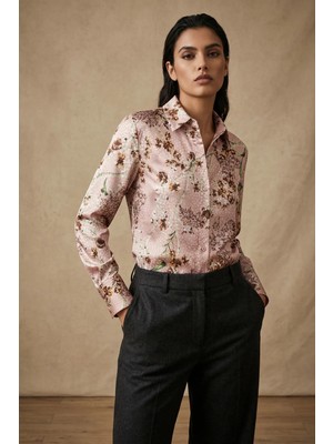 Hiccup Kadınlar My Fashıon Çiçek Desenli Uzun Kollu Düğmeli Gömlek Tozlu Gül Pembesi