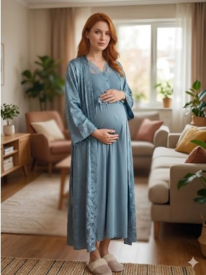 Ang Butik Bone 6202 Kadın Jakar Saten Lohusa Uzun Sabahlıklı Gecelik Takım