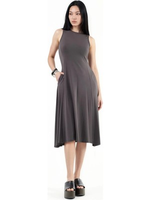 Hiccup Kadınlar Busem Cepli Kolsuz Midi Elbise Koyu Gri