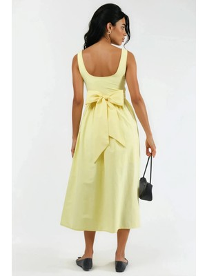 Hiccup Kadınlar Busem Kare Yaka Fiyonk Detaylı Midi Elbise Limon Sarısı