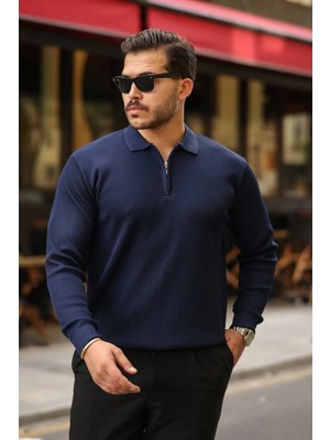 Hiccup Erkekler Janes Slim Fit Örme Fermuarlı Polo Yaka Kazak Lacivert