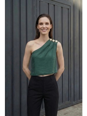 Hiccup Kadınlar My Fashıon Asimetrik Yaka Şifon Üst Zümrüt Yeşili