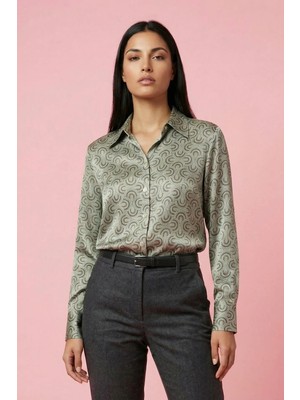 Hiccup Kadınlar My Fashıon Geometrik Desenli Uzun Kollu Düğmeli Gömlek Adaçayı Yeşili