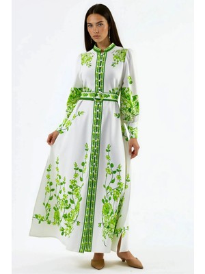 Hiccup Kadınlar Msn Çiçekli Uzun Kollu Kemerli Maxi Elbise Beyaz