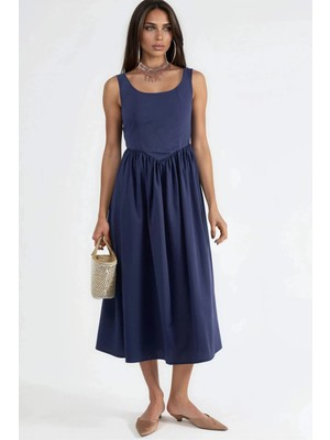 Hiccup Kadınlar Busem Kare Yaka Fiyonk Detaylı Midi Elbise Lacivert