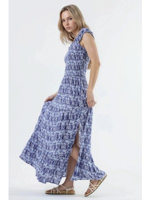 Hiccup Kadınlar Busem Kare Yaka Desenli Maxi Elbise Lacivert